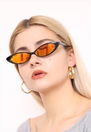 BLACK GOLD MIRROR SLIM THIN CAT EYE 90S SUNGLASSES UV400