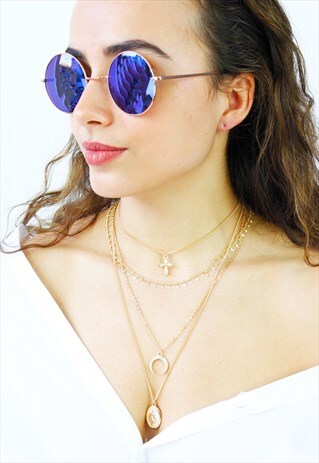 ROSE GOLD BLUE LENS ROUND SUNGLASSES