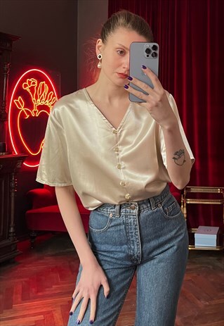 CHAMPAGNE COLOR BUTTON UP SILKY BLOUSE, SATIN SHIRT