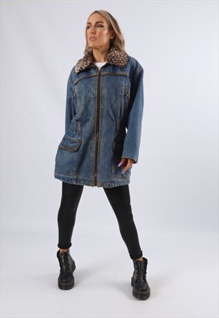 VINTAGE DENIM PARKA JACKET OVERSIZED LONGLINE UK 12 M (FUAF)
