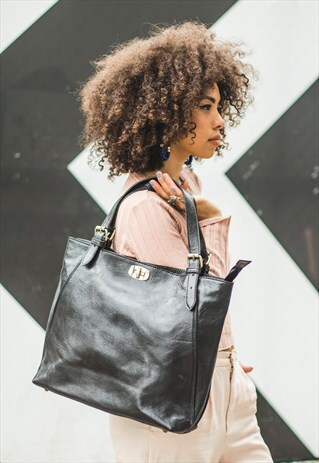 BLACK LEATHER CITY HANDBAG SHOULDER TOTE
