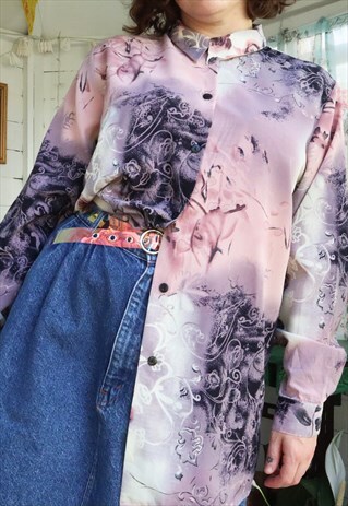 RETRO 90S PURPLE ABSTRACT SURREAL FLORAL PATTERN BLOUSE TO