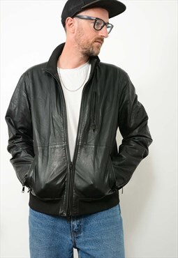 Vintage 90s Leather Jacket Bomber Black Size XL