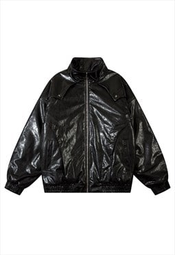 Faux leather college bomber cyber varsity jacket in black