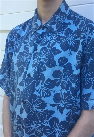 MENS VINTAGE 80S SHIRT SHORT SLEEVE BLUE HAWAIIAN SHIRT TOP