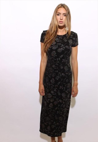 VINTAGE 1990'S 90'S METALLIC GLITTER ROSES BLACK DRESS S-M