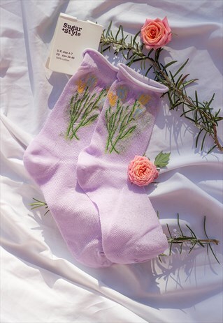 Lilac Netted Tulip Print Socks