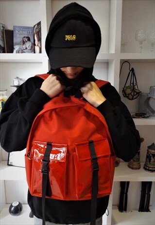 UNISEX UTILITY BACKPACK BUCKLE RUCKSACK SCHOOL BAG IN PU RED