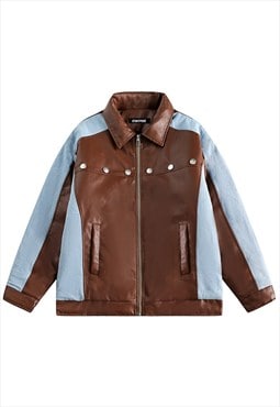 Faux leather varsity jacket color block college bomber brown