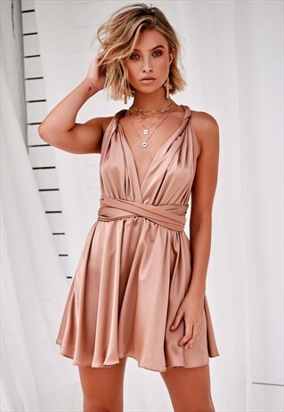 MOCHA SATIN MULTIWAY MINI DRESS