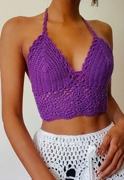 Arielle Purple Crochet festival halter neck crop top