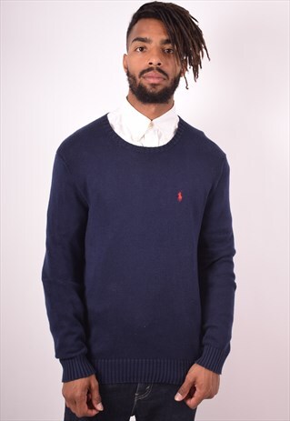 POLO RALPH LAUREN MENS VINTAGE JUMPER SWEATER SMAL NAVY BLUE