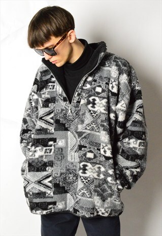 VINTAGE 90S GREY AZTEC 1/3 ZIPPER FLEECE JACKET