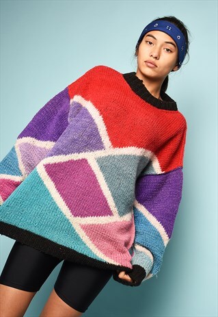 VINTAGE 80'S RETRO HANDKNITTED MULTICOLOR CHUNKY WOOL JUMPER