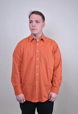 Orange mens shirt, 90s button down, retro work button up