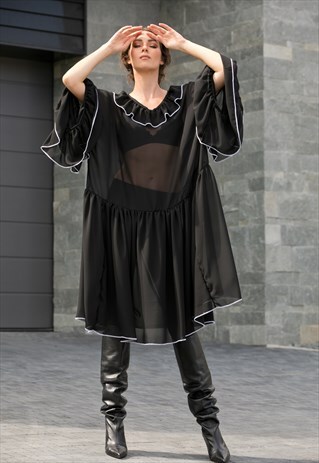 BLACK MAXI DRESS/ RUFFLE DRESS/ CHIFFON MAXI DRESS /