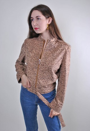 VINTAGE WOMAN BROWN PATTERN EVENING ZIPPED UP BLAZER, SIZE M