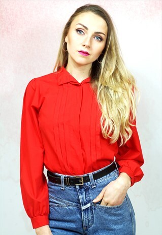 1980S VINTAGE RED LONG SLEEVE COTTON BLOUSE