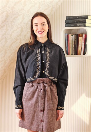 BLACK SILK LIKE VINTAGE SHIRT WITH GOLD COLOUR TRIM