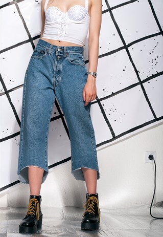 VINTAGE REPLAY JEANS 90S REWORKED CROP FRAYED DENIM TROUSERS
