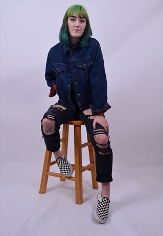 VINTAGE 90'S TARTAN LINED DENIM JACKET SIZE 6 8 10 12