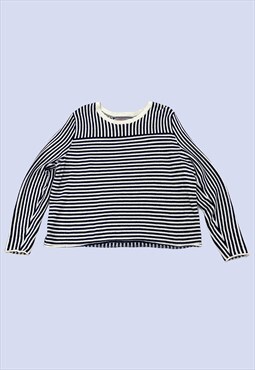 Navy Blue White Striped Cotton Knit Cropped Jumper