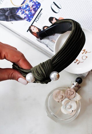 KHAKI GREEN PEARL TOP KNOT ALICE HEAD BAND