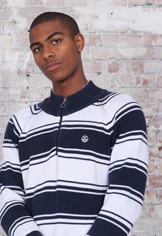 VINTAGE NORTH SAILS LOGO 1/4 ZIP STRIPED JUMPER WHITE BLUE