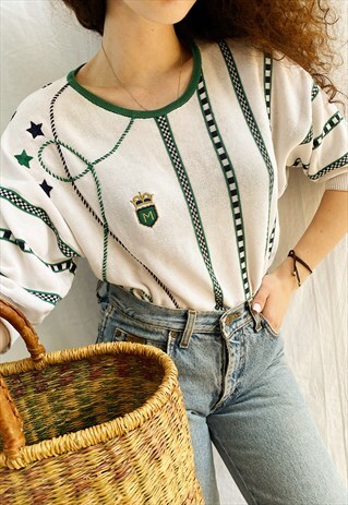 VINTAGE 80S NAUTICAL STRIPED KNIT HAUTE BOHEME BLOUSE TOP