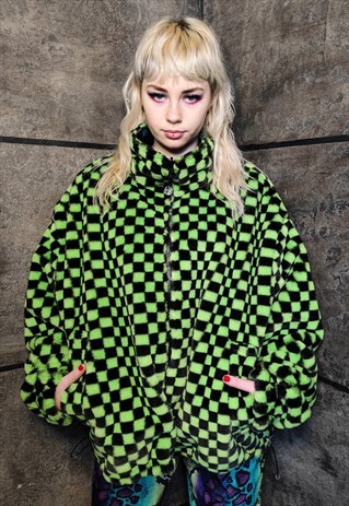 Check fleece jacket green handmade reversible chess coat