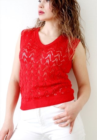 RED KNIT TOP SEE THROUGH OPEN KNITTED SLEEVELESS VEST 