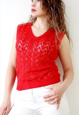 Red Knit Top See Through Open Knitted Sleeveless Vest 