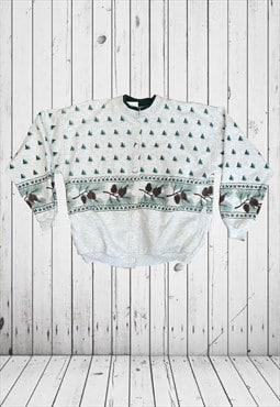 VINTAGE grey sweatshirt button up cottage acorn print 