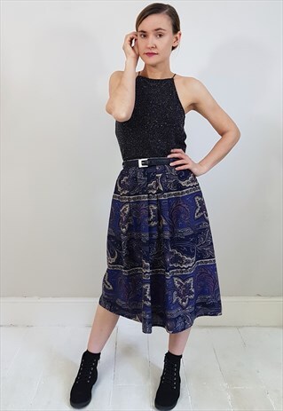 VINTAGE 80'S BLUE AND PURPLE PAISLEY WOOL MIDI SKIRT