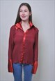 VINTAGE RED RIBBED PARTY BLOUSE, 90S BRIGHT COLLAR SHIRT 
