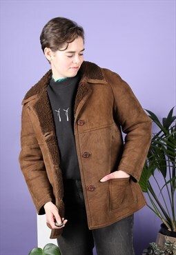Vintage Shearling Coat in Brown Suede