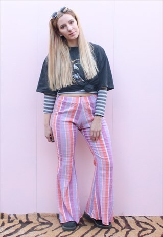 PEACHY PINK HIGH WAISTED STRIPE FLARE BELL BOTTOMS