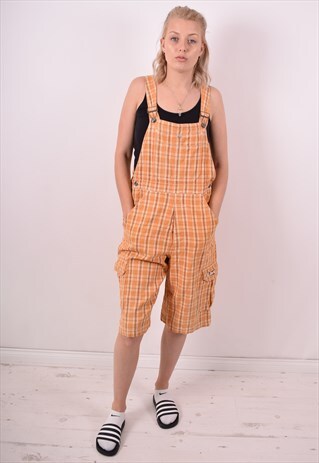 WOMENS VINTAGE DENIM DUNGAREES XL ORANGE CHECK 90S