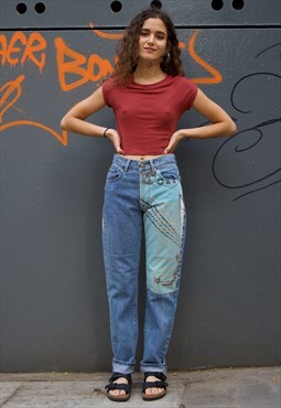 Vintage 90s Blue Women Jeans with Abstract Patches 