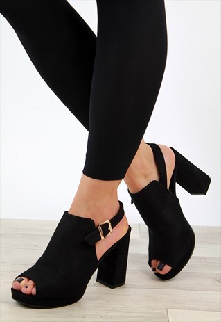 BLACK BLOCK HEEL SIDE BUCKLE SANDALS