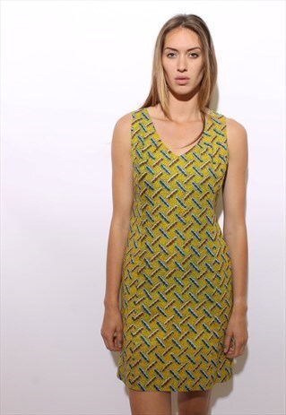 VINTAGE 60S PRINTED YELLOW SUN DRESS SLEEVELESS M L