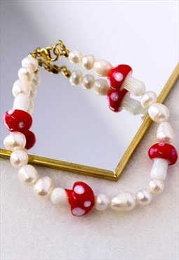 Mushroom And Pearl Beaded Bracelet 90s Y2K Beaded Jewellery