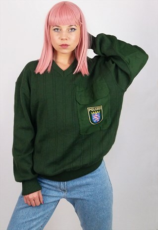 VINTAGE 90'S GERMANY POLICE UNISEX SWEATER PINE GREEN