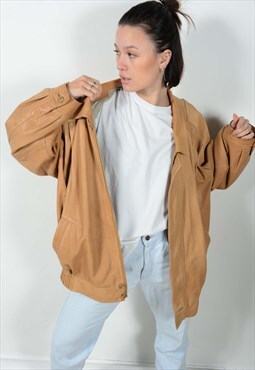 Vintage Leather Jacket Bomber Brown Unisex Size XL