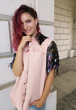 SOFT PINK DENIM VEST WITH SHORT SEQUIN SLEEVES