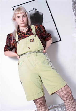 80S VINTAGE 90S GRUNGE LIME GREEN DUNGAREE SHORT PLAYSUIT
