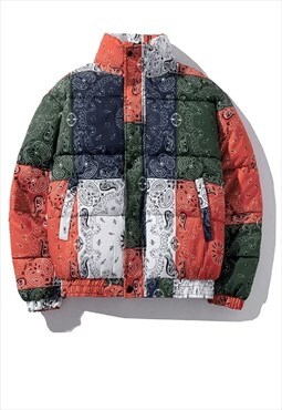 Checked paisley print bomber bandana puffer jacket in red