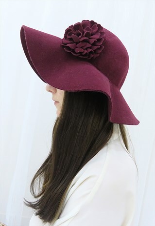 70S VINTAGE RED BURGUNDY FLOPPY FLOWER HAT
