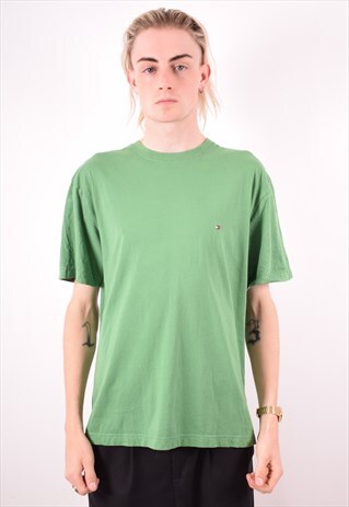 TOMMY HILFIGER MENS VINTAGE T-SHIRT TOP LARGE GREEN 90S