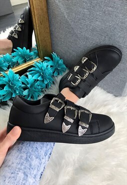 Black Faux Leather Buckled Pumps / Trainers